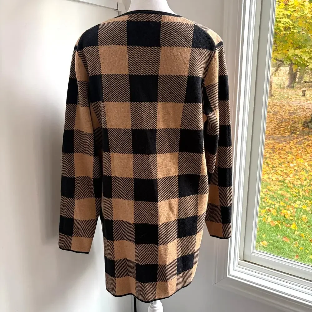 J.Crew Plaid Open Front‎ Cardigan Tunic Black Brown Sweater Small Oversized